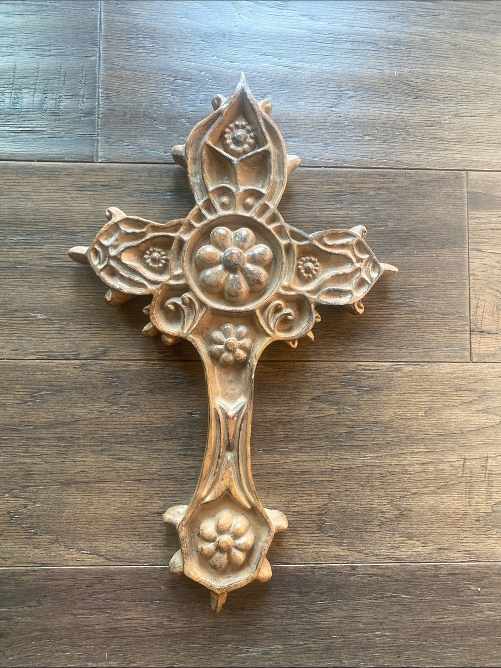 Decorative Floral Wall Cross Brown Wood